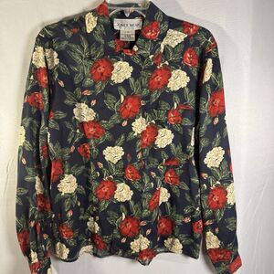Jones Wear Floral Button Front Blouse Red Green Navy Long Sleeve Hawaiian Size 8